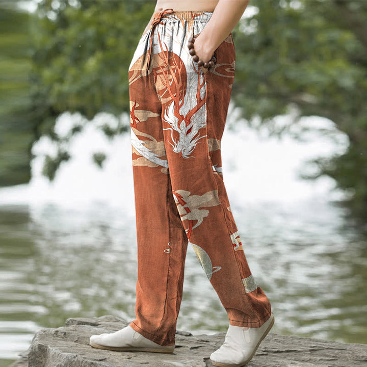 Buddha Stones Cotton White Dragon Cloud Pattern Men's Tapered Pants With Pockets - image 7