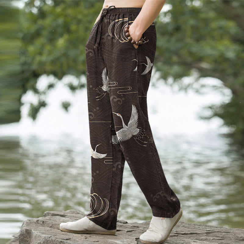 Buddha Stones Cotton White Crane Gold Wave Pattern Men's Tapered Pants With Pockets - image 1