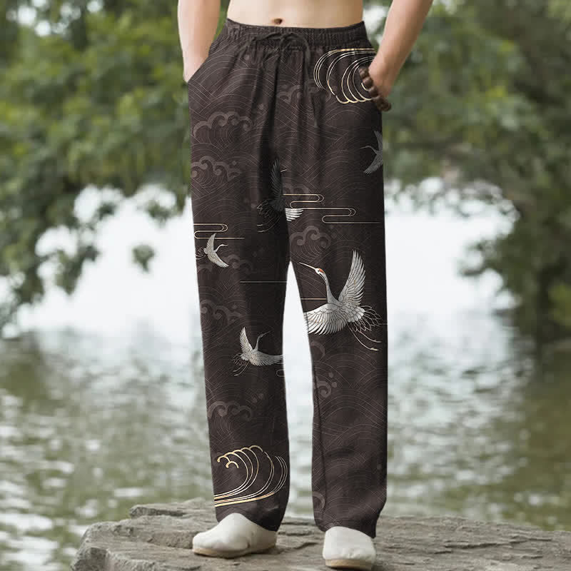 Buddha Stones Cotton White Crane Gold Wave Pattern Men's Tapered Pants With Pockets - Black - US/UK/AU50，EU60 (5XL) - image 0