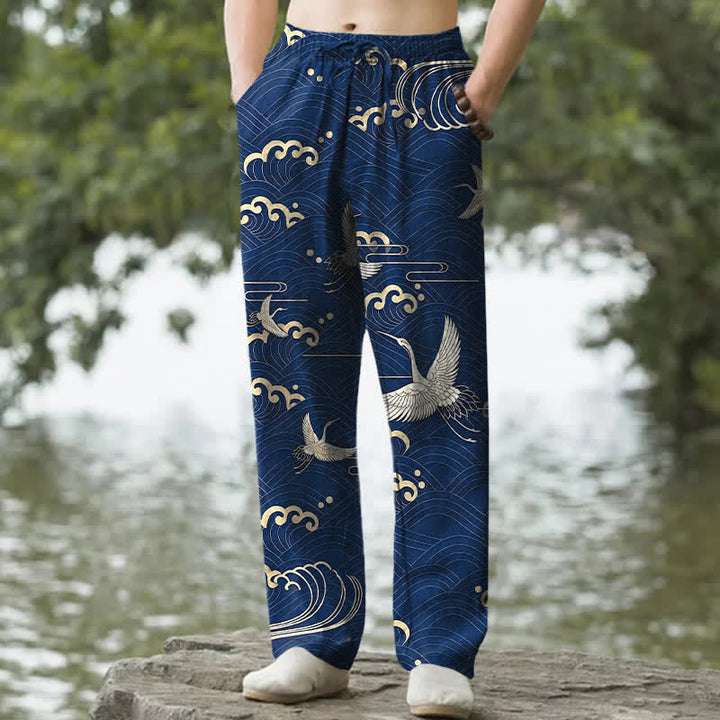 Buddha Stones Cotton White Crane Gold Wave Pattern Men's Tapered Pants With Pockets - Navy - US/UK/AU50，EU60 (5XL) - image 4