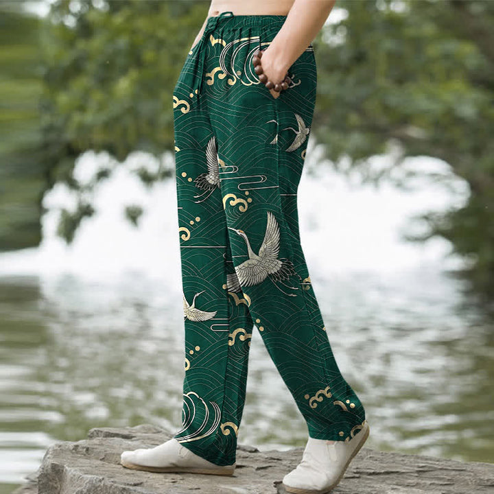 Buddha Stones Cotton White Crane Gold Wave Pattern Men's Tapered Pants With Pockets - image 7