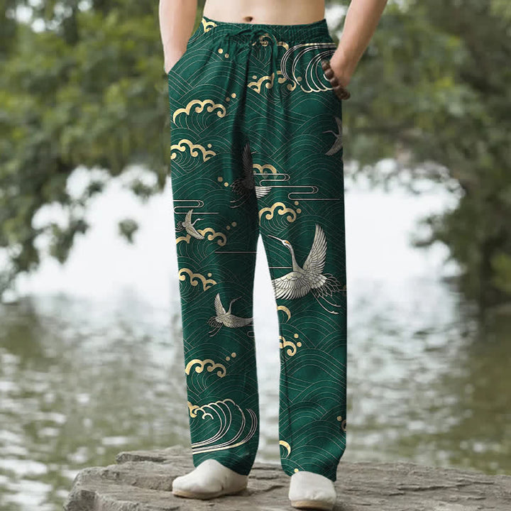Buddha Stones Cotton White Crane Gold Wave Pattern Men's Tapered Pants With Pockets - ForestGreen - US/UK/AU50，EU60 (5XL) - image 6