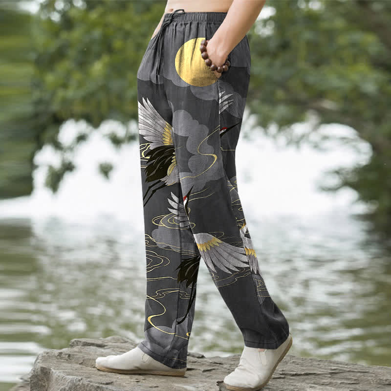 Buddha Stones Cotton White Crane Chasing The Sun Pattern Men's Tapered Pants With Pockets - image 1