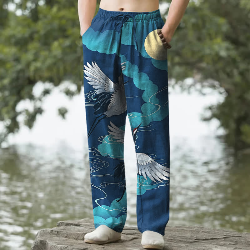 Buddha Stones Cotton White Crane Chasing The Sun Pattern Men's Tapered Pants With Pockets - RoyalBlue - US/UK/AU50，EU60 (5XL) - image 4