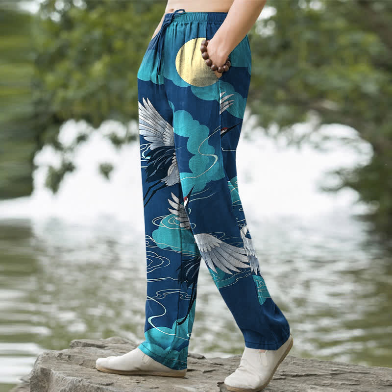 Buddha Stones Cotton White Crane Chasing The Sun Pattern Men's Tapered Pants With Pockets - image 5