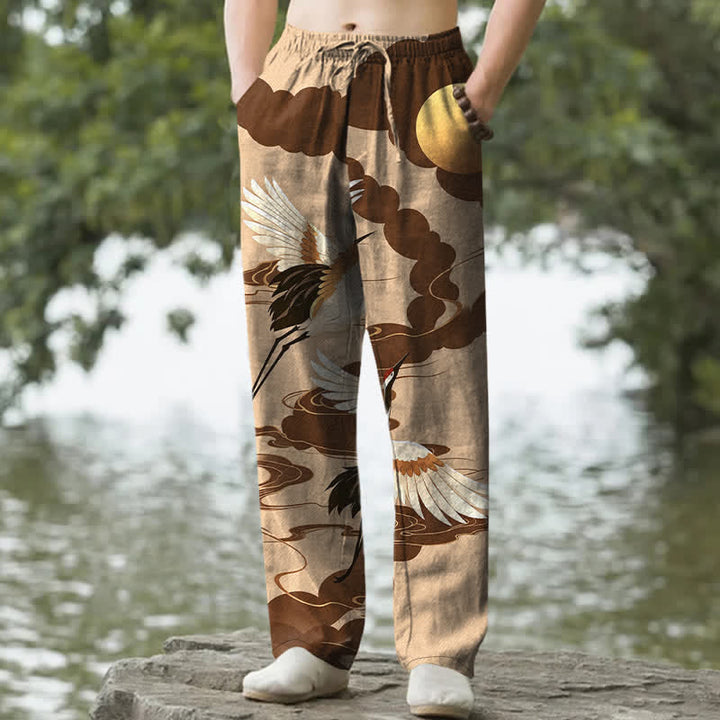 Buddha Stones Cotton White Crane Chasing The Sun Pattern Men's Tapered Pants With Pockets - BurlyWood - US/UK/AU50，EU60 (5XL) - image 6