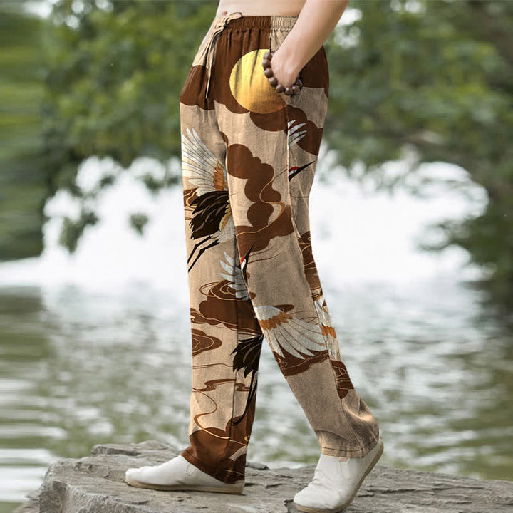 Buddha Stones Cotton White Crane Chasing The Sun Pattern Men's Tapered Pants With Pockets - image 7