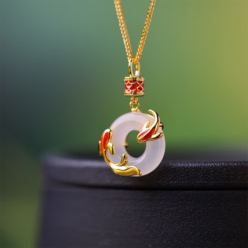 Buddha Stones White Chalcedony Koi Fish Success Peace Buckle Round Necklace - image 1