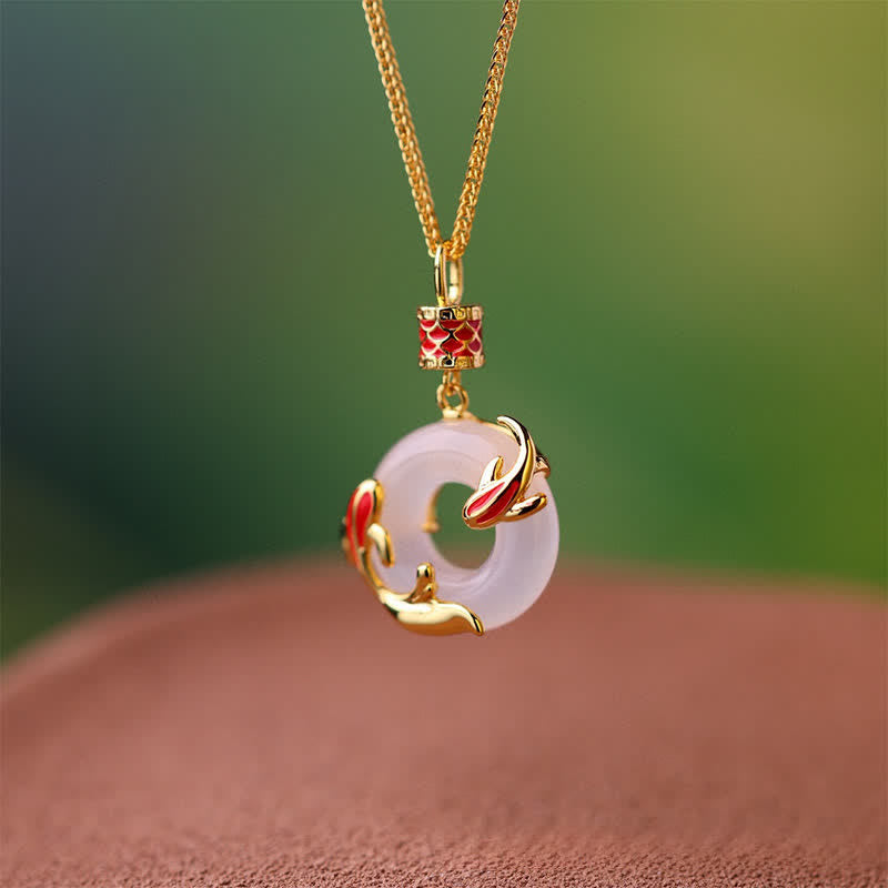 Buddha Stones White Chalcedony Koi Fish Success Peace Buckle Round Necklace - image 4