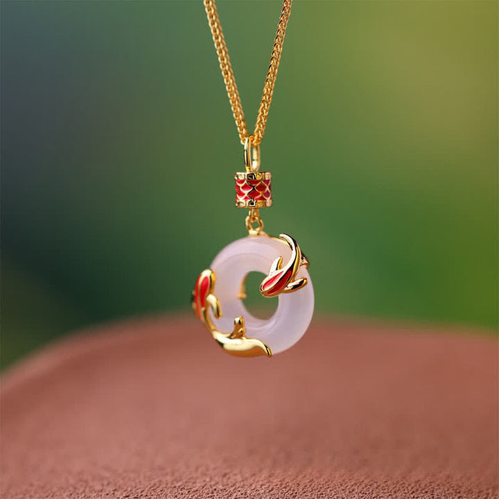 Buddha Stones White Chalcedony Koi Fish Success Peace Buckle Round Necklace - image 4
