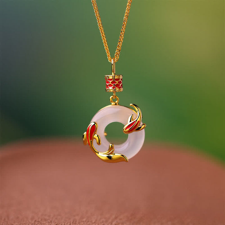 Buddha Stones White Chalcedony Koi Fish Success Peace Buckle Round Necklace - image 8