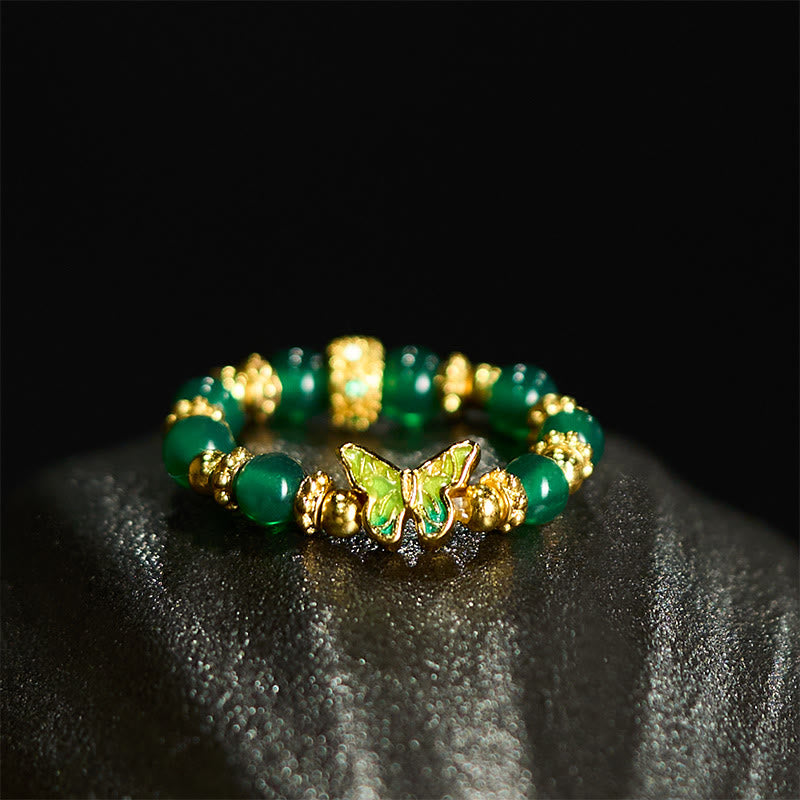 Buddha Stones Natural Green Agate Bead Copper Butterfly Renewal Ring - image 2
