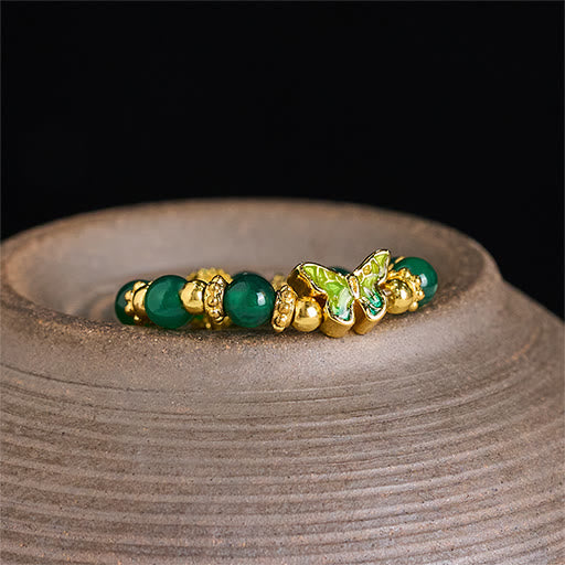 Buddha Stones Natural Green Agate Bead Copper Butterfly Renewal Ring - image 4