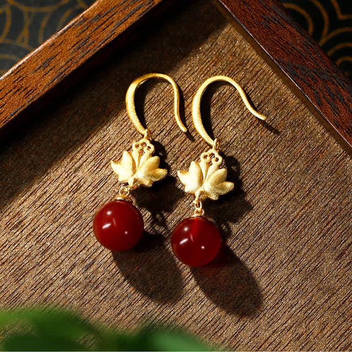 Buddha Stones Red Agate Lotus Enamel Gold Drop Confidence Earrings - image 2