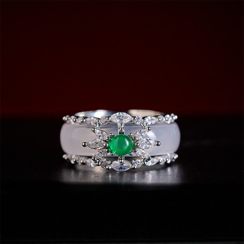 Buddha Stones Chalcedony Flower Green Zircon Positive Ring - image 7