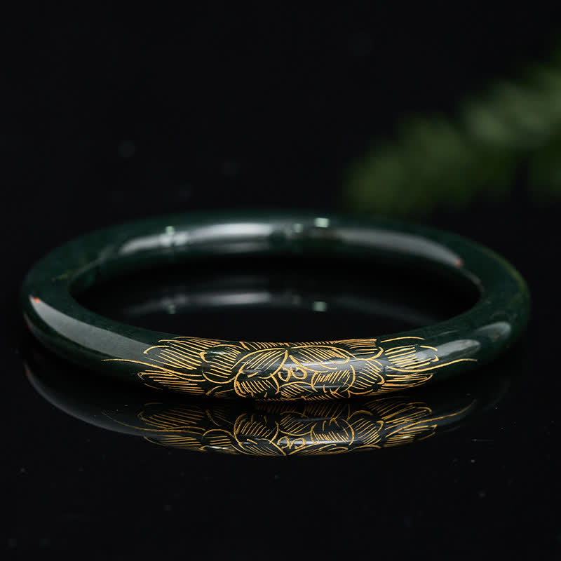 Buddha Stones Natural Cyan Jade Lotus Koi Fish Enlightenment Bangle Bracelet - image 1