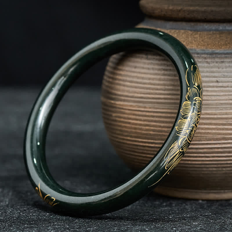 Buddha Stones Natural Cyan Jade Lotus Koi Fish Enlightenment Bangle Bracelet - image 3