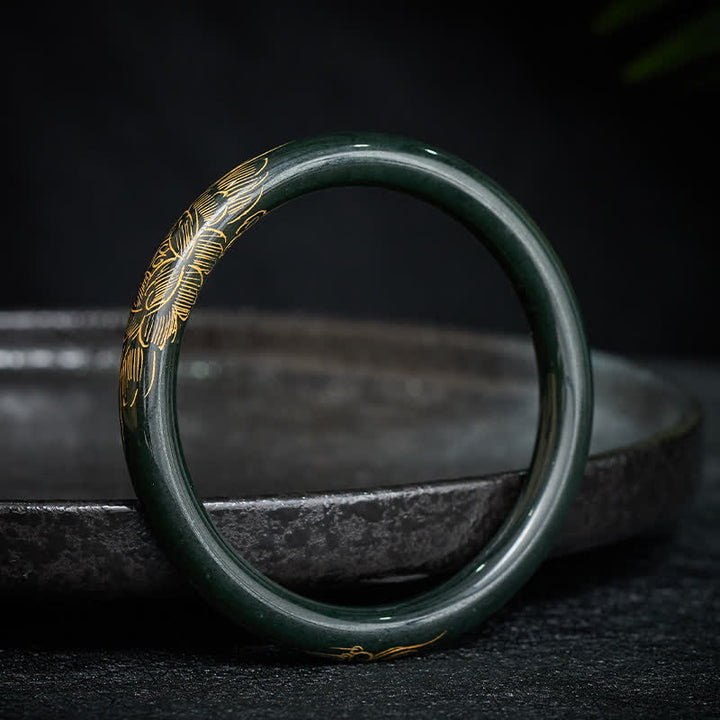 Buddha Stones Natural Cyan Jade Lotus Koi Fish Enlightenment Bangle Bracelet - Cyan Jade(60–62 mm) - image 0