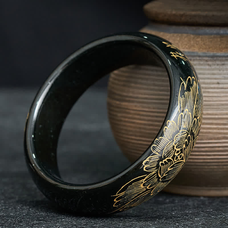 Buddha Stones Natural Cyan Jade Carving Harmony Bangle Bracelet - image 1