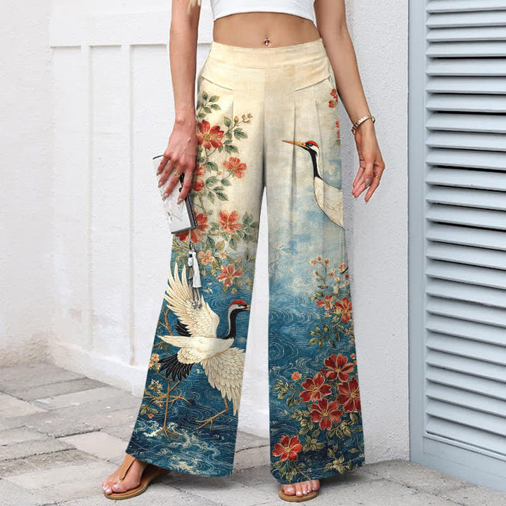 Buddha Stones Cotton Linen Crane Floral Pattern Women's Elastic Waist Wide Leg Pants With Pockets - Blue - US16，UK/AU20，EU48 (3XL) - image 0
