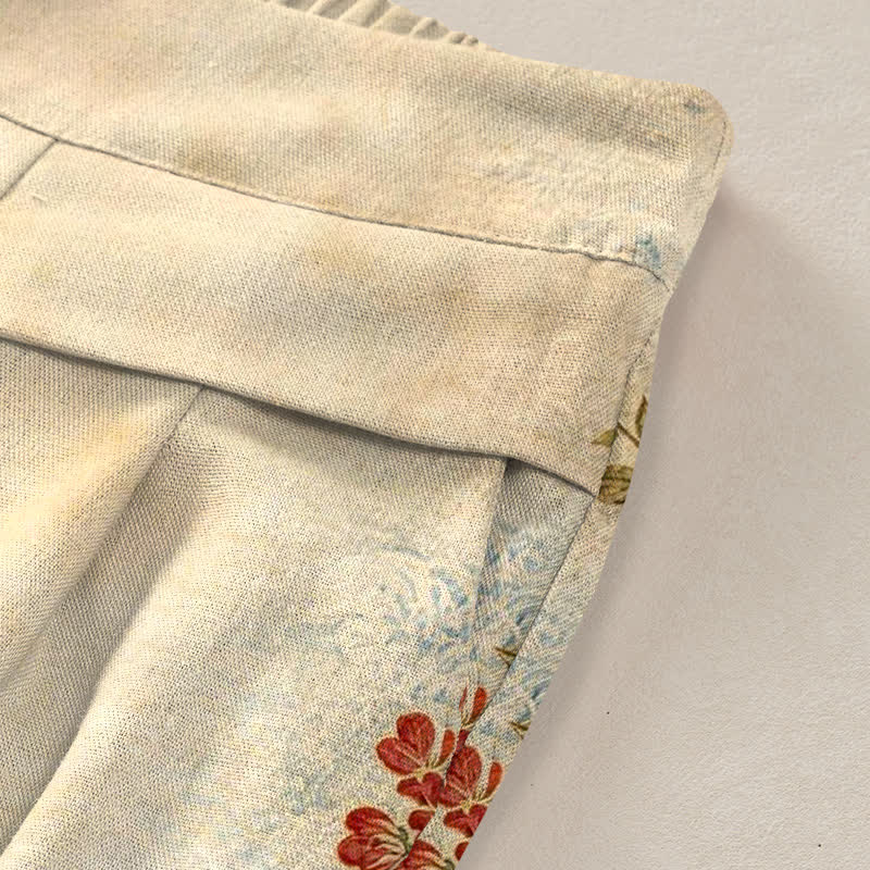 Buddha Stones Cotton Linen Crane Floral Pattern Women's Elastic Waist Wide Leg Pants With Pockets - image 1