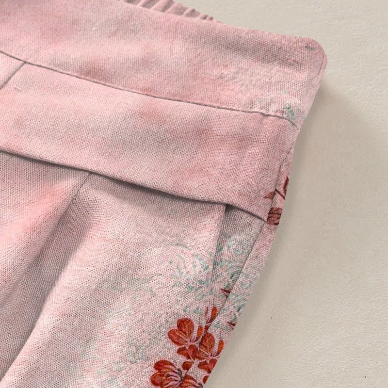 Buddha Stones Cotton Linen Crane Floral Pattern Women's Elastic Waist Wide Leg Pants With Pockets - image 5