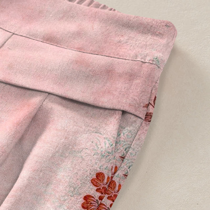 Buddha Stones Cotton Linen Crane Floral Pattern Women's Elastic Waist Wide Leg Pants With Pockets - image 5