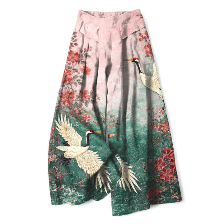 Buddha Stones Cotton Linen Crane Floral Pattern Women's Elastic Waist Wide Leg Pants With Pockets - SeaGreen - US16，UK/AU20，EU48 (3XL) - image 3