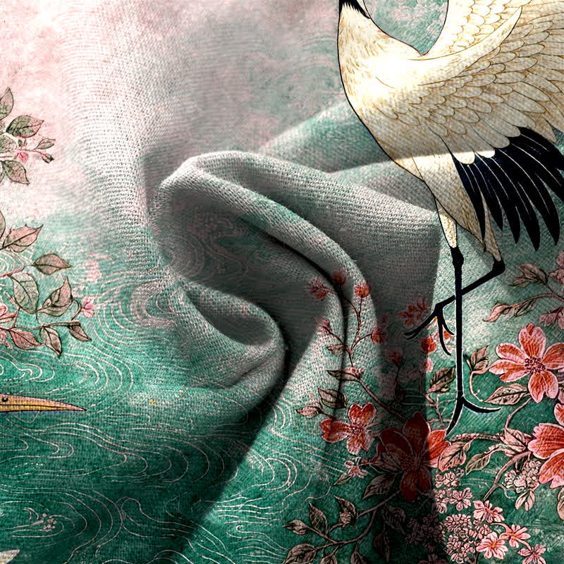 Buddha Stones Cotton Linen Crane Floral Pattern Women's Elastic Waist Wide Leg Pants With Pockets - image 6