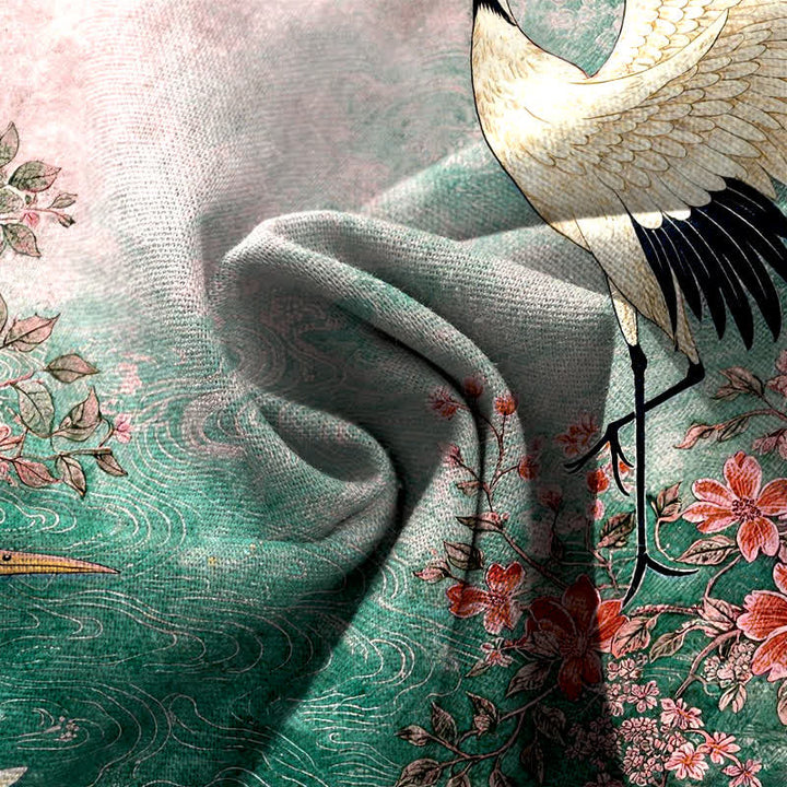 Buddha Stones Cotton Linen Crane Floral Pattern Women's Elastic Waist Wide Leg Pants With Pockets - image 6