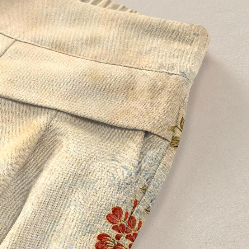 Buddha Stones Cotton Linen Crane Floral Pattern Women's Elastic Waist Wide Leg Pants With Pockets - image 9