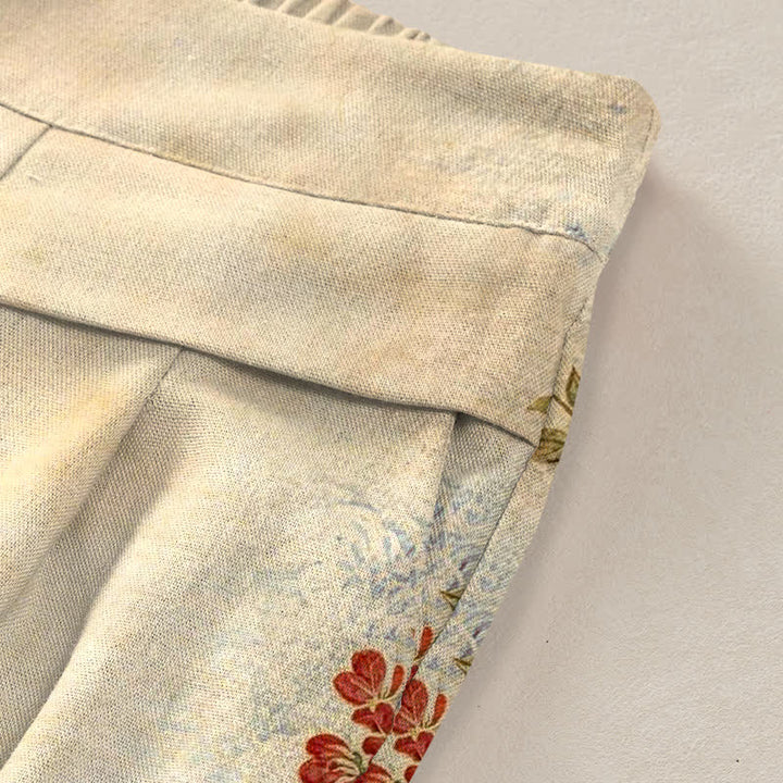 Buddha Stones Cotton Linen Crane Floral Pattern Women's Elastic Waist Wide Leg Pants With Pockets - image 9