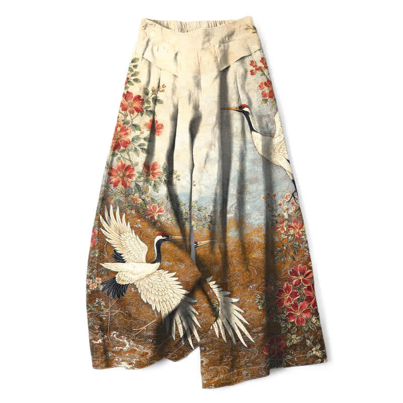 Buddha Stones Cotton Linen Crane Floral Pattern Women's Elastic Waist Wide Leg Pants With Pockets - Goldenrod - US16，UK/AU20，EU48 (3XL) - image 7