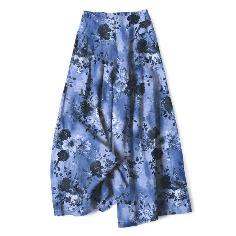 Buddha Stones Cotton Linen Floral Pattern Women's Elastic Waist Wide Leg Pants With Pockets - CornflowerBlue - US16，UK/AU20，EU48 (3XL) - image 0