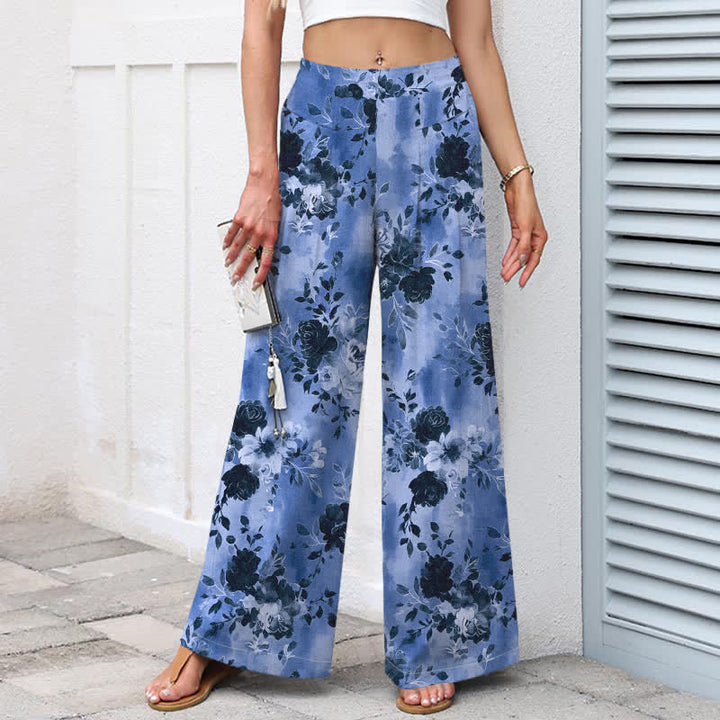 Buddha Stones Cotton Linen Floral Pattern Women's Elastic Waist Wide Leg Pants With Pockets - image 1
