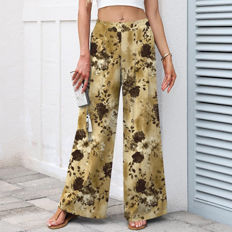 Buddha Stones Cotton Linen Floral Pattern Women's Elastic Waist Wide Leg Pants With Pockets - image 5