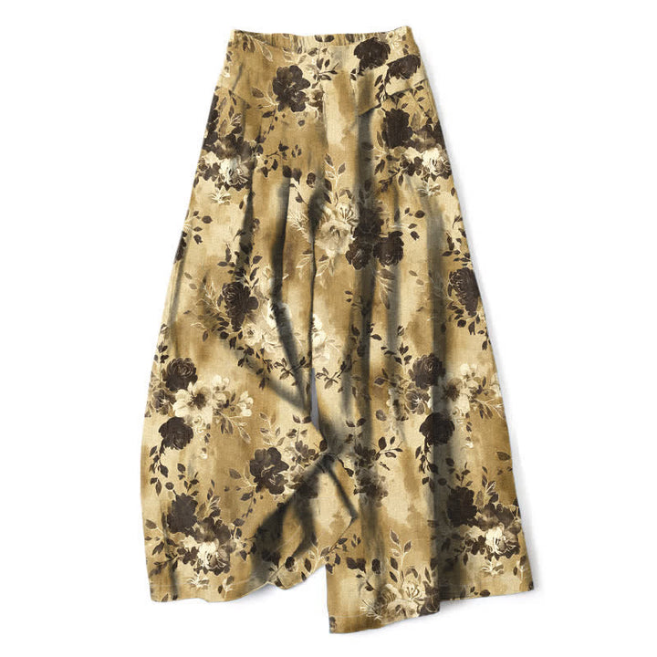 Buddha Stones Cotton Linen Floral Pattern Women's Elastic Waist Wide Leg Pants With Pockets - Khaki - US16，UK/AU20，EU48 (3XL) - image 4