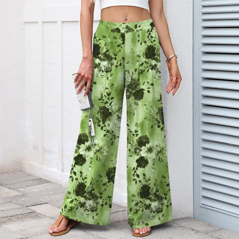 Buddha Stones Cotton Linen Floral Pattern Women's Elastic Waist Wide Leg Pants With Pockets - image 9