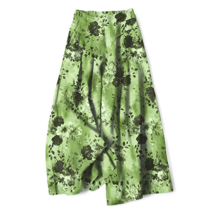 Buddha Stones Cotton Linen Floral Pattern Women's Elastic Waist Wide Leg Pants With Pockets - LightGreen - US16，UK/AU20，EU48 (3XL) - image 8