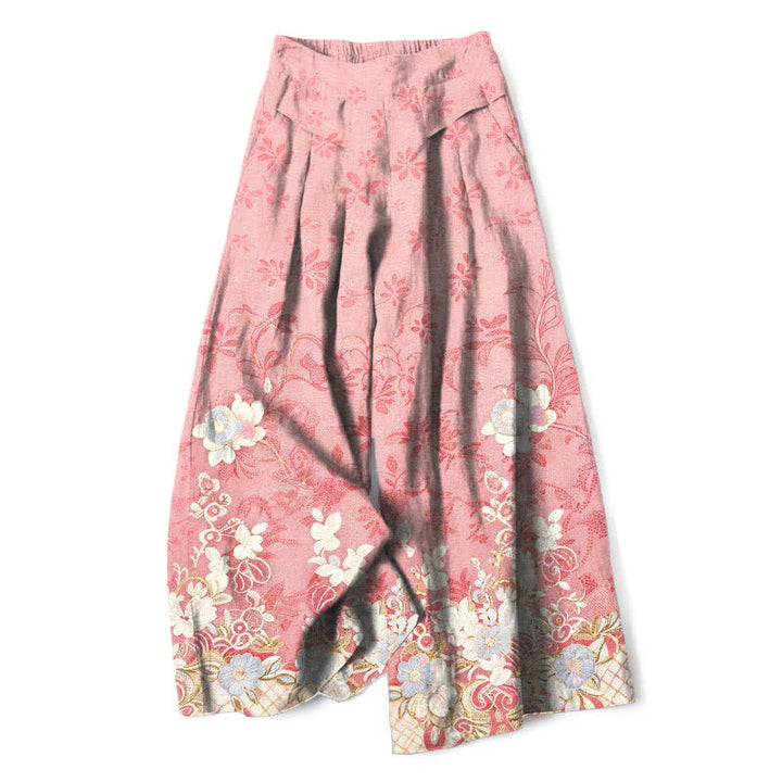 Buddha Stones Cotton Linen Romantic Floral Pattern Women's Elastic Waist Wide Leg Pants With Pockets - LightPink - US16，UK/AU20，EU48 (3XL) - image 0
