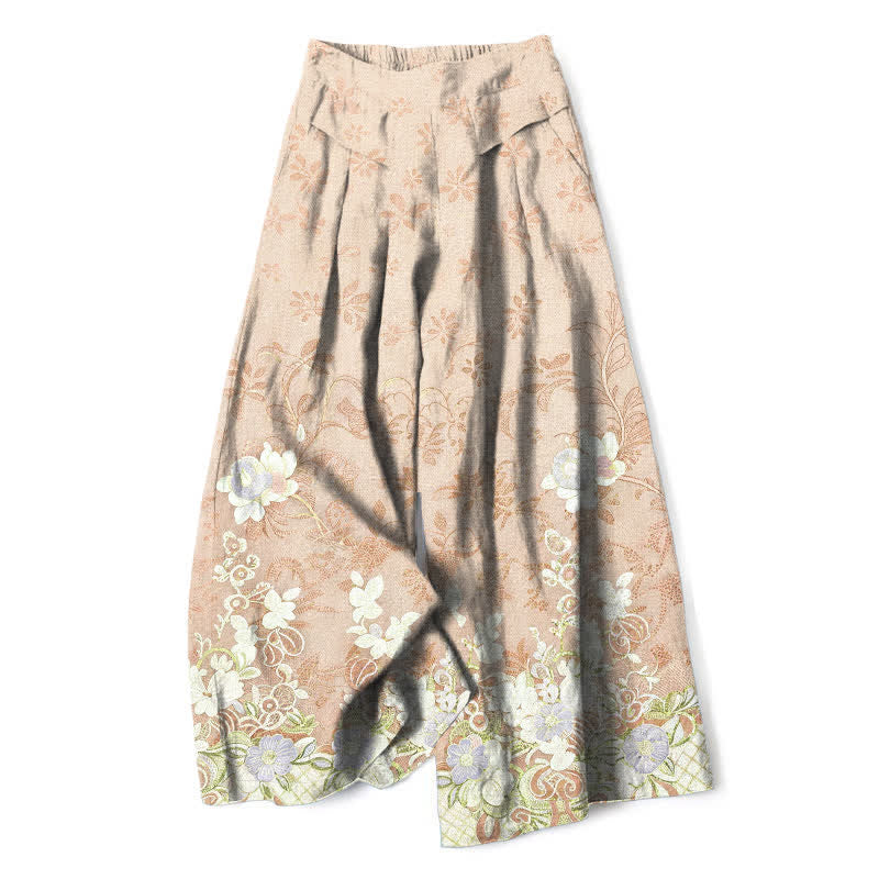 Buddha Stones Cotton Linen Romantic Floral Pattern Women's Elastic Waist Wide Leg Pants With Pockets - Wheat - US16，UK/AU20，EU48 (3XL) - image 4