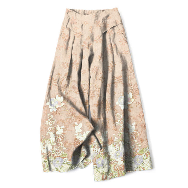 Buddha Stones Cotton Linen Romantic Floral Pattern Women's Elastic Waist Wide Leg Pants With Pockets - Wheat - US16，UK/AU20，EU48 (3XL) - image 4