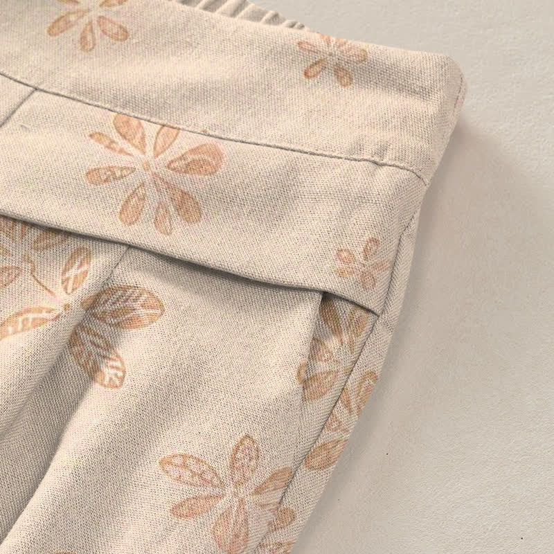 Buddha Stones Cotton Linen Romantic Floral Pattern Women's Elastic Waist Wide Leg Pants With Pockets - image 6