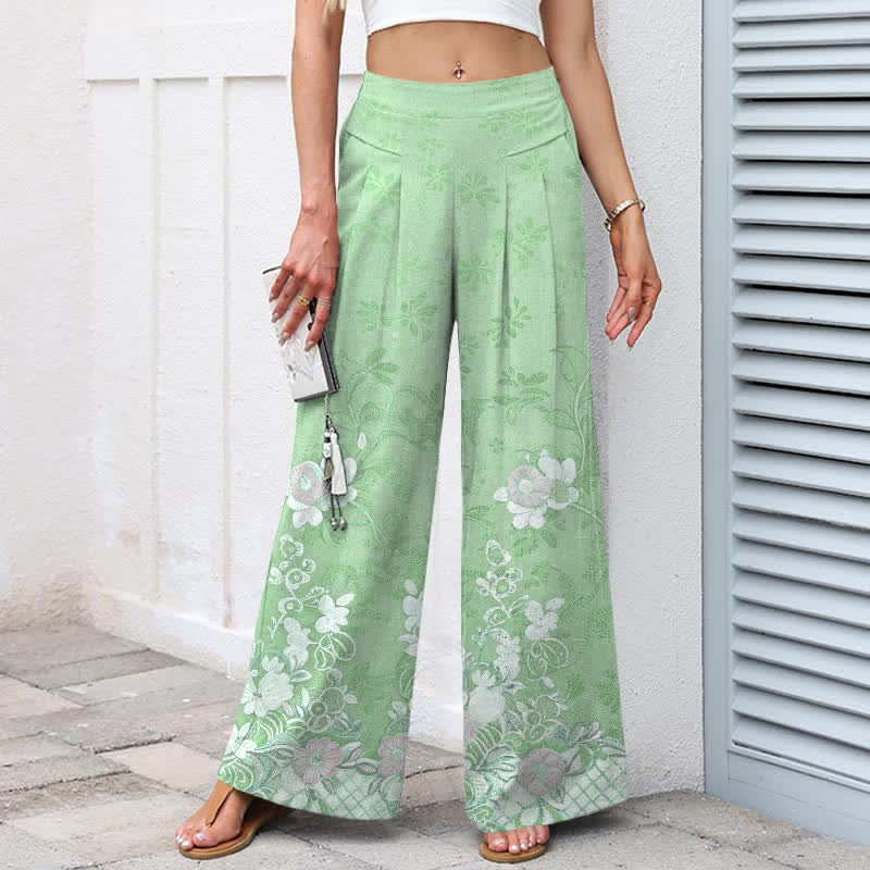 Buddha Stones Cotton Linen Romantic Floral Pattern Women's Elastic Waist Wide Leg Pants With Pockets - image 9