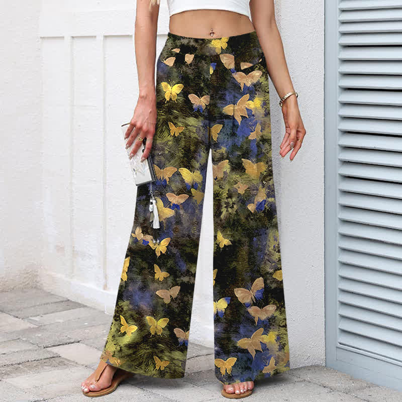 Buddha Stones Cotton Linen Butterfly Pattern Women's Elastic Waist Wide Leg Pants With Pockets - image 1