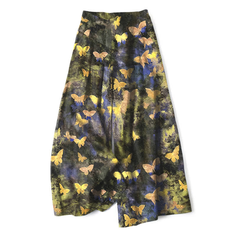 Buddha Stones Cotton Linen Butterfly Pattern Women's Elastic Waist Wide Leg Pants With Pockets - Yellow - US16，UK/AU20，EU48 (3XL) - image 0