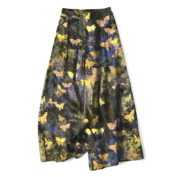 Buddha Stones Cotton Linen Butterfly Pattern Women's Elastic Waist Wide Leg Pants With Pockets - Yellow - US16，UK/AU20，EU48 (3XL) - image 0
