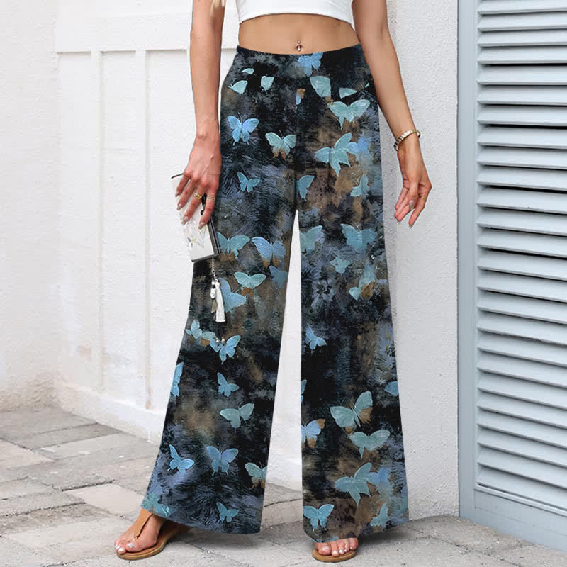 Buddha Stones Cotton Linen Butterfly Pattern Women's Elastic Waist Wide Leg Pants With Pockets - image 5