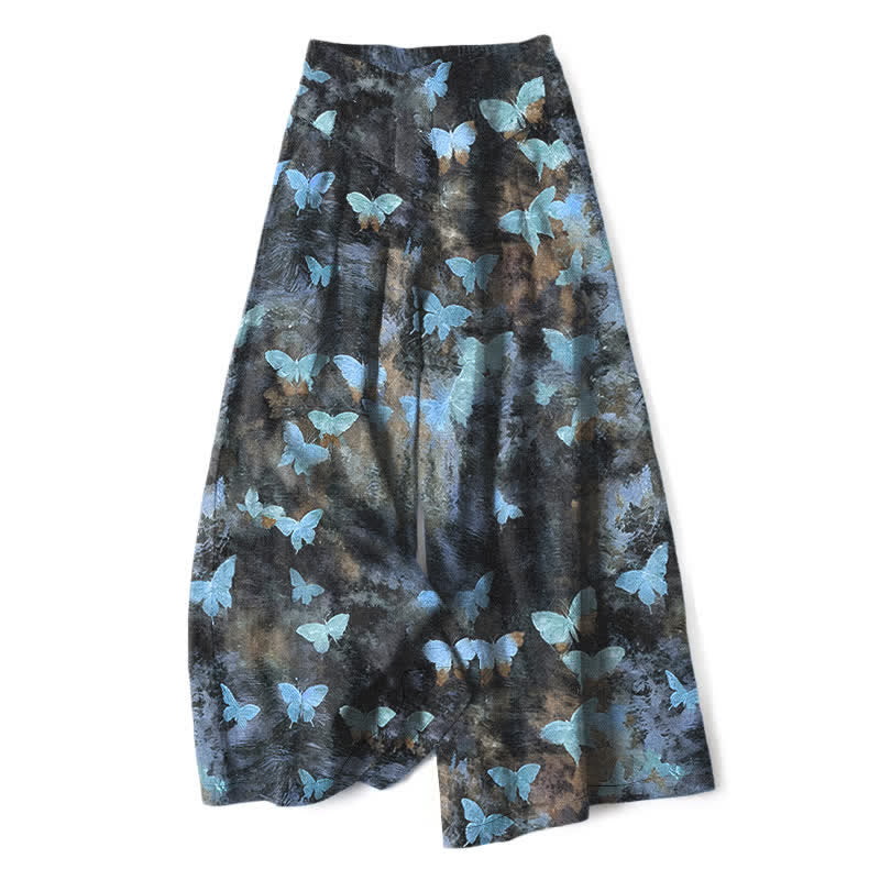 Buddha Stones Cotton Linen Butterfly Pattern Women's Elastic Waist Wide Leg Pants With Pockets - DeepSkyBlue - US16，UK/AU20，EU48 (3XL) - image 4
