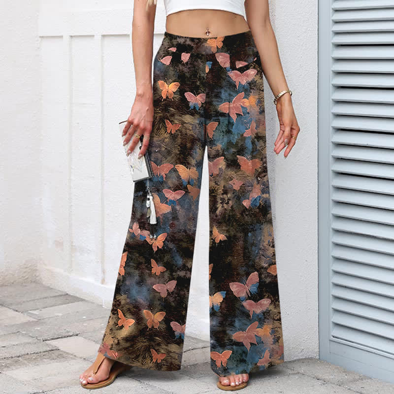 Buddha Stones Cotton Linen Butterfly Pattern Women's Elastic Waist Wide Leg Pants With Pockets - image 9